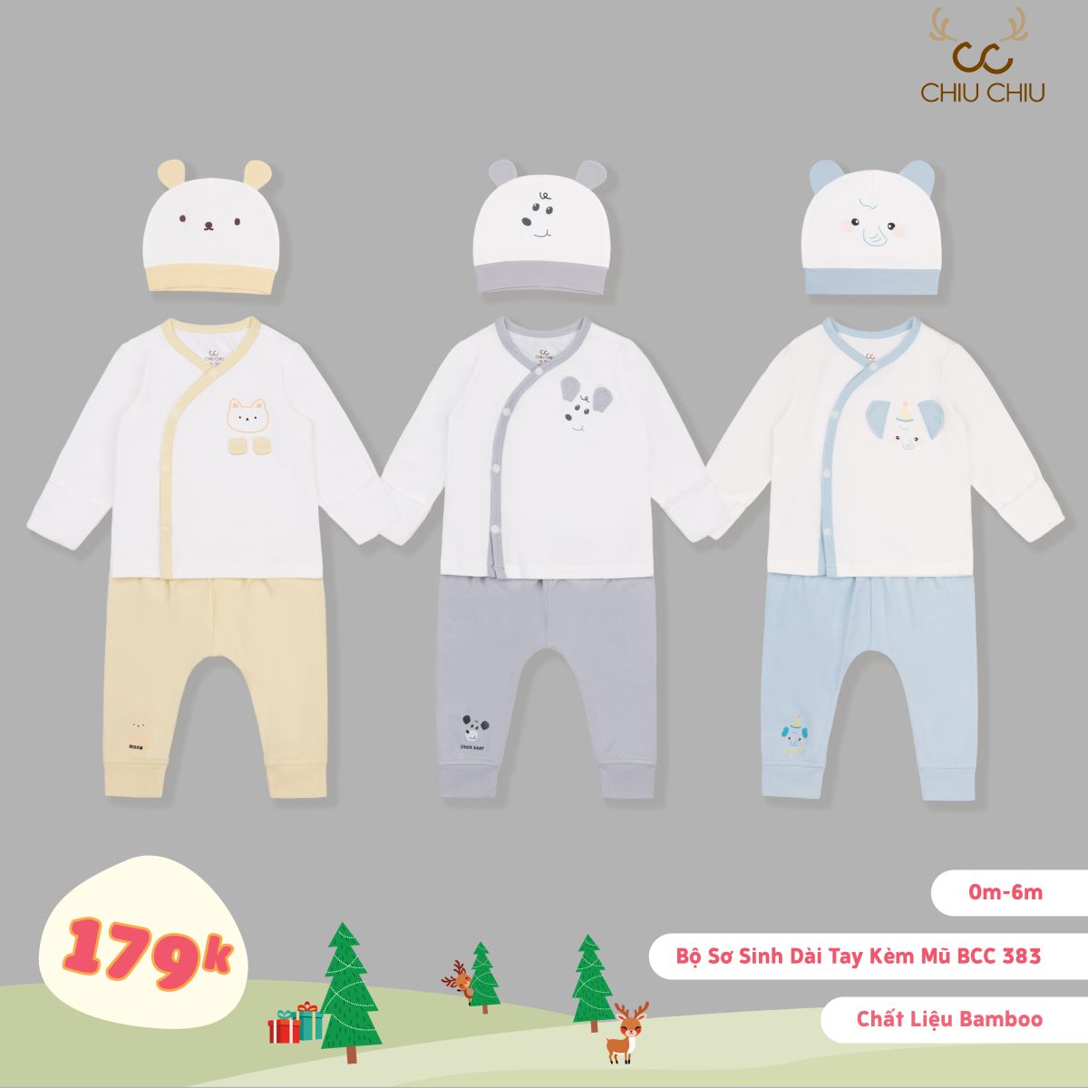  Bộ Sơ Sinh Dài Tay Kèm Mũ BCC 383 